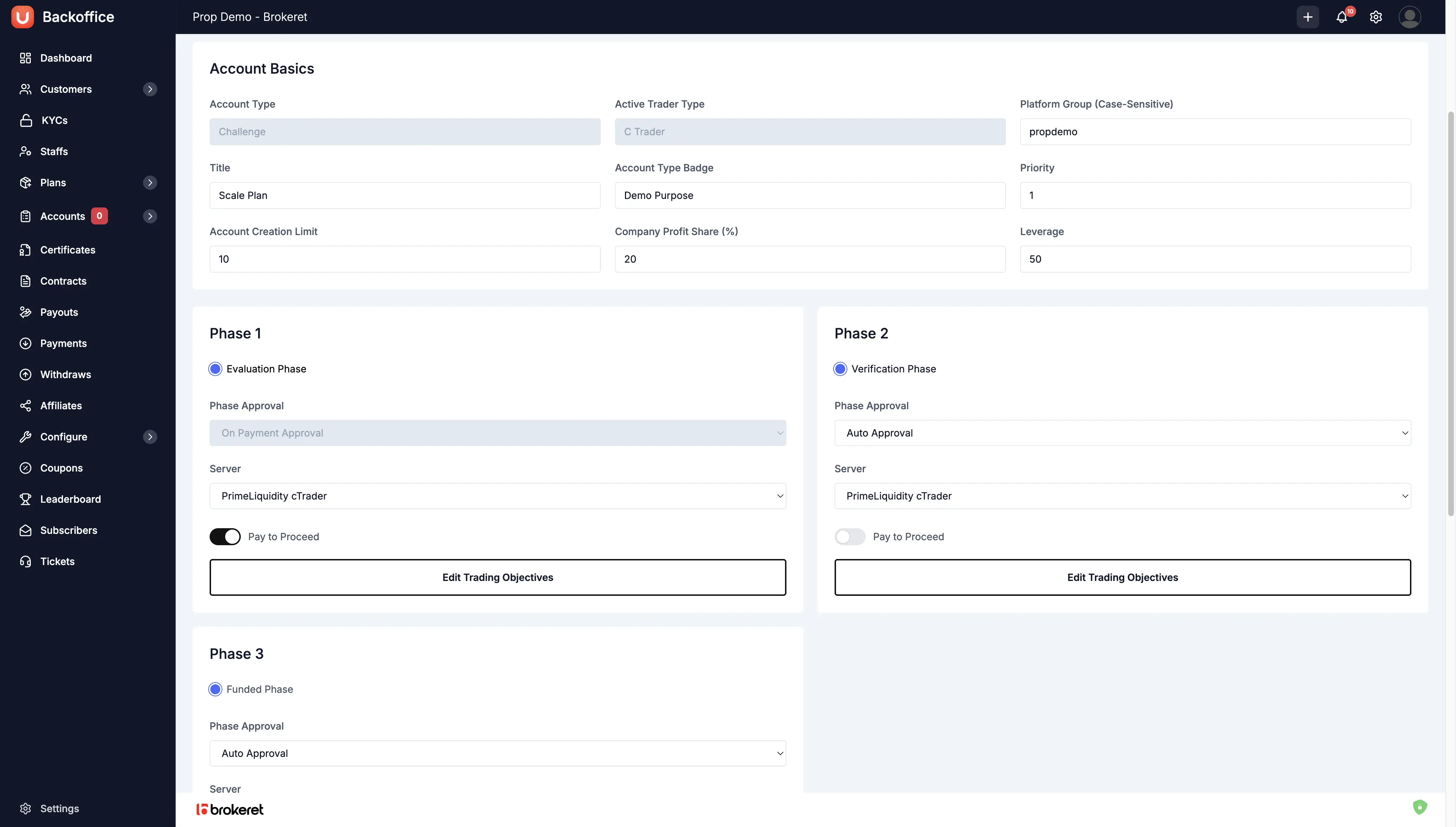 Prop Trading CRM Challenge Manager Dashboard - Comprehensive challenge creation, management, and monitoring system for prop firm evaluation programs